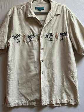 Paradise Blue 100% Silk Hawaiian Shirt Embroidered Surfboard Palm Tree L